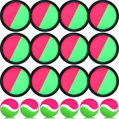 Charniol Kids Toys Toss and Catch Game Set 12 Paddles 6 Balls Beach Outdoor Sports Games Toss Ball Set with Paddles Nylon Catch Toys for Kids PE Recess Adults Beach Playground (Pink Green)
