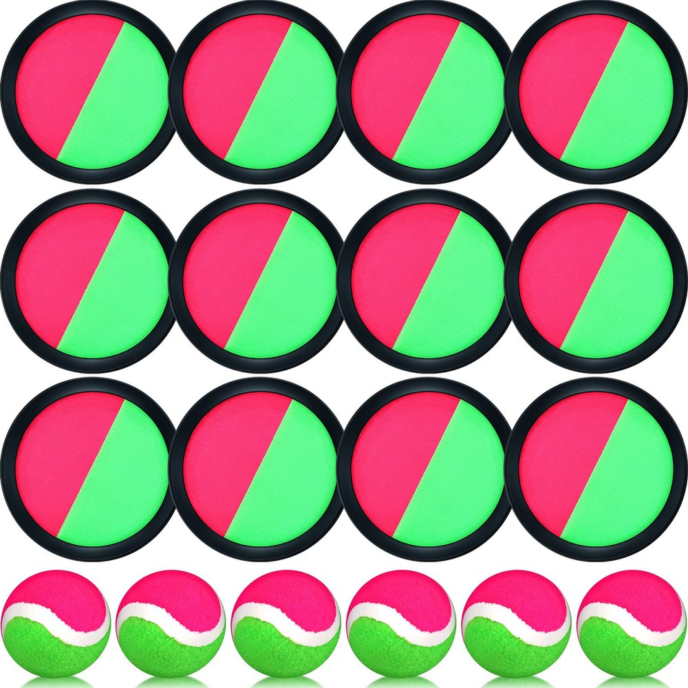 Charniol Kids Toys Toss and Catch Game Set 12 Paddles 6 Balls Beach Outdoor Sports Games Toss Ball Set with Paddles Nylon Catch Toys for Kids PE Recess Adults Beach Playground (Pink Green)
