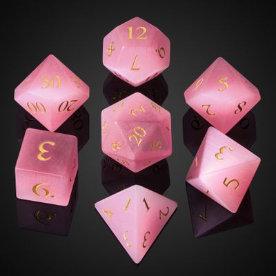 UDIXI Natural Gemstone Dice Set, 7PCS Crystal Stone DND Dice for Tabletop Games(Pink Cat's Eye)