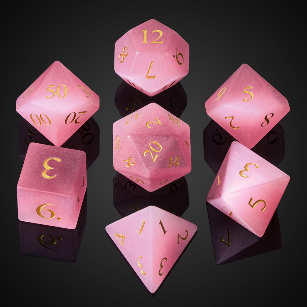 UDIXI Natural Gemstone Dice Set, 7PCS Crystal Stone DND Dice for Tabletop Games(Pink Cat's Eye)