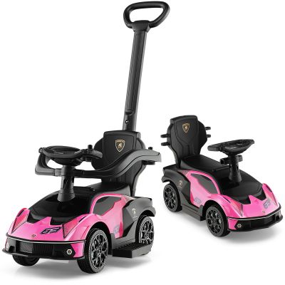 HONEY JOY Push Cars for Toddlers, Lamborghini Kids Toy Car Stroller w/Push Handle & Detachable Guardrail, Horn & Engine Sound, Seat Storage, Foot-to-Floor Ride On Push Car for Boys Girls(Pink)