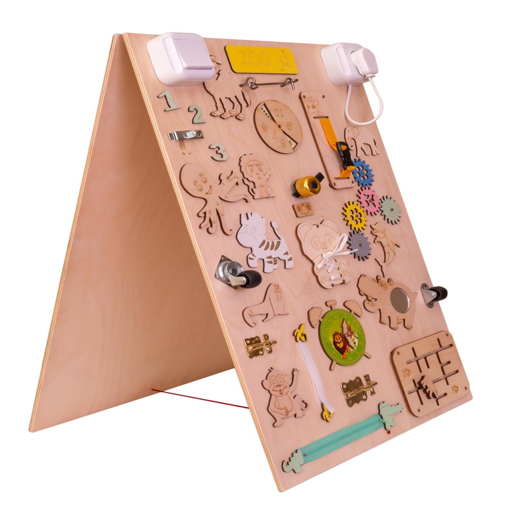 3toysm Leo Montessori Busy Board 75 cm Double Sided Wooden Freestanding Sensory Activity Board Natural Zoo