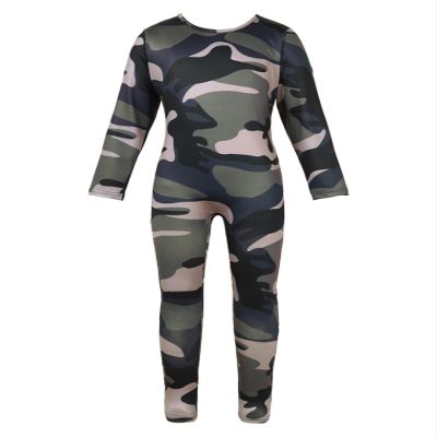 Fldy Kids Girls Full Bodysuit Long Sleeves One Piece Spandex Unitards Gymnastics Ballet Dance Costumes Catsuit Green Camouflage 4-5 Years