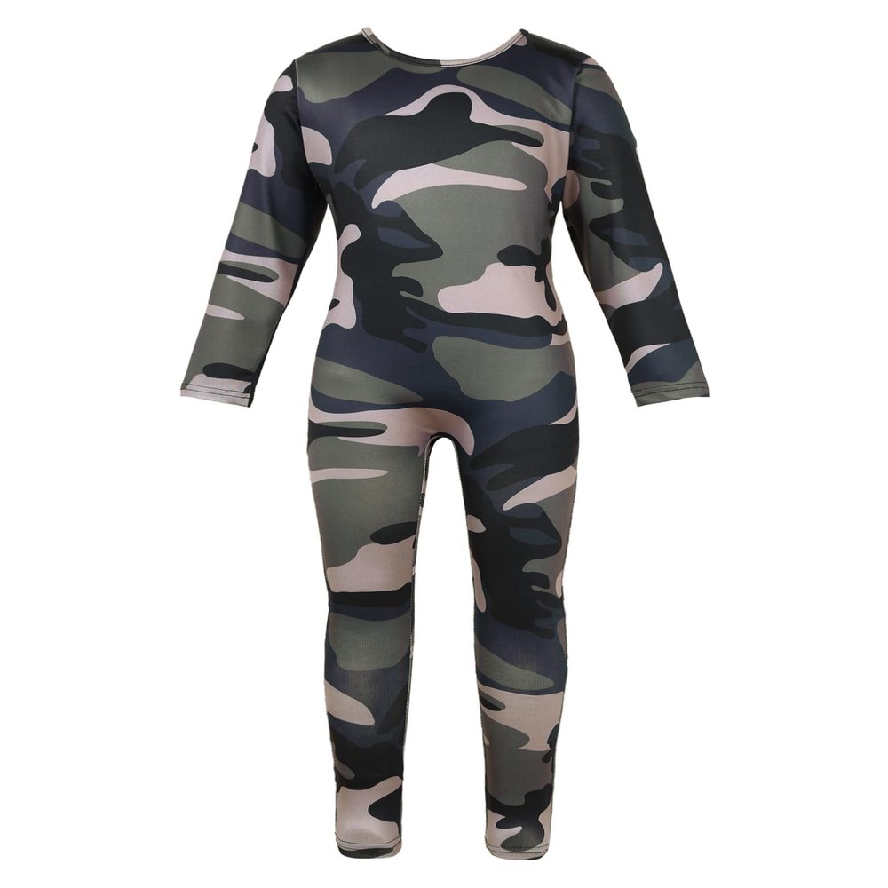 Fldy Kids Girls Full Bodysuit Long Sleeves One Piece Spandex Unitards Gymnastics Ballet Dance Costumes Catsuit Green Camouflage 4-5 Years