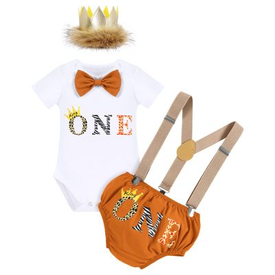 Baby Boys 1st Birthday Lion Cake Smash Outfits Wild One Bloomers Diaper Cover Y Back Adjustable Suspenders Bowtie Set Sparkly Gold Crown Headband Photo Shoot Party Costume Light Brown One 12-18 Months