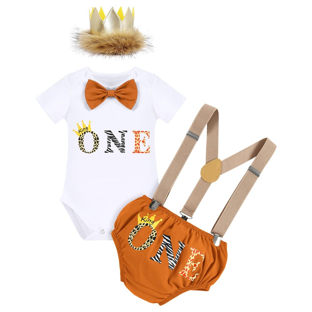 Baby Boys 1st Birthday Lion Cake Smash Outfits Wild One Bloomers Diaper Cover Y Back Adjustable Suspenders Bowtie Set Sparkly Gold Crown Headband Photo Shoot Party Costume Light Brown One 12-18 Months