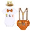 Baby Boys 1st Birthday Lion Cake Smash Outfits Wild One Bloomers Diaper Cover Y Back Adjustable Suspenders Bowtie Set Sparkly Gold Crown Headband Photo Shoot Party Costume Light Brown One 12-18 Months view 2