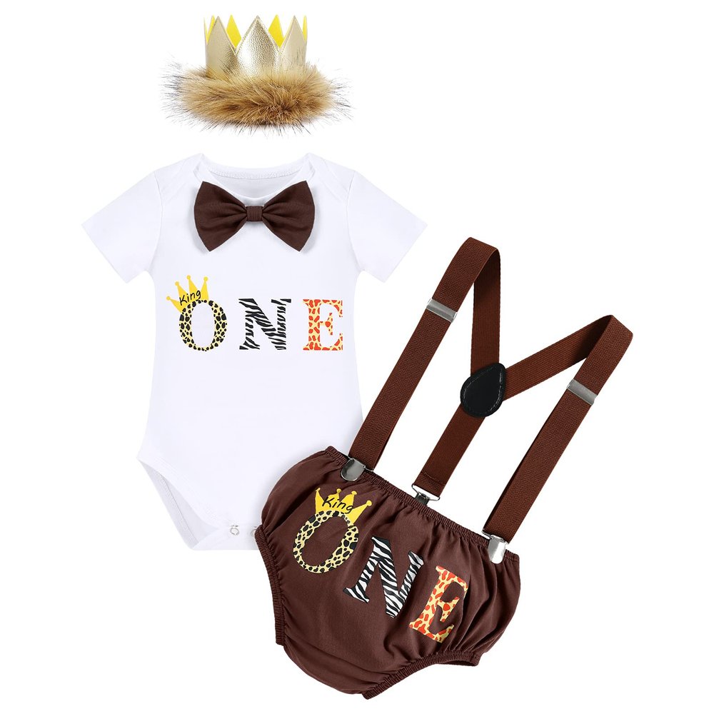 Baby Boys 1st Birthday Lion Cake Smash Outfits Wild One Bloomers Diaper Cover Y Back Adjustable Suspenders Bowtie Set Sparkly Gold Crown Headband Photo Shoot Party Costume Dark Brown One 12-18 Months