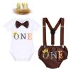 Baby Boys 1st Birthday Lion Cake Smash Outfits Wild One Bloomers Diaper Cover Y Back Adjustable Suspenders Bowtie Set Sparkly Gold Crown Headband Photo Shoot Party Costume Dark Brown One 12-18 Months view 2
