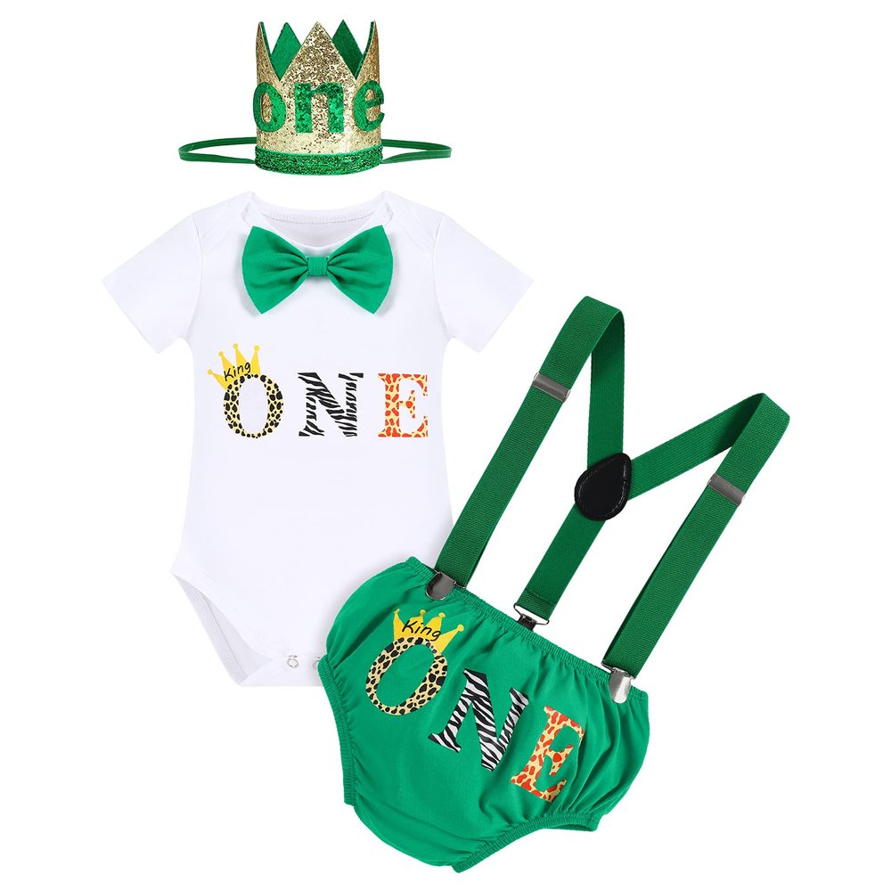 Baby Boys 1st Birthday Jungle Cake Smash Outfits Wild One Bloomers Diaper Cover Y Back Adjustable Suspenders Bowtie Set Sparkly Gold Crown Headband Photo Shoot Party Costume Green One 6-12 Months