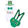 Baby Boys 1st Birthday Jungle Cake Smash Outfits Wild One Bloomers Diaper Cover Y Back Adjustable Suspenders Bowtie Set Sparkly Gold Crown Headband Photo Shoot Party Costume Green One 6-12 Months view 1