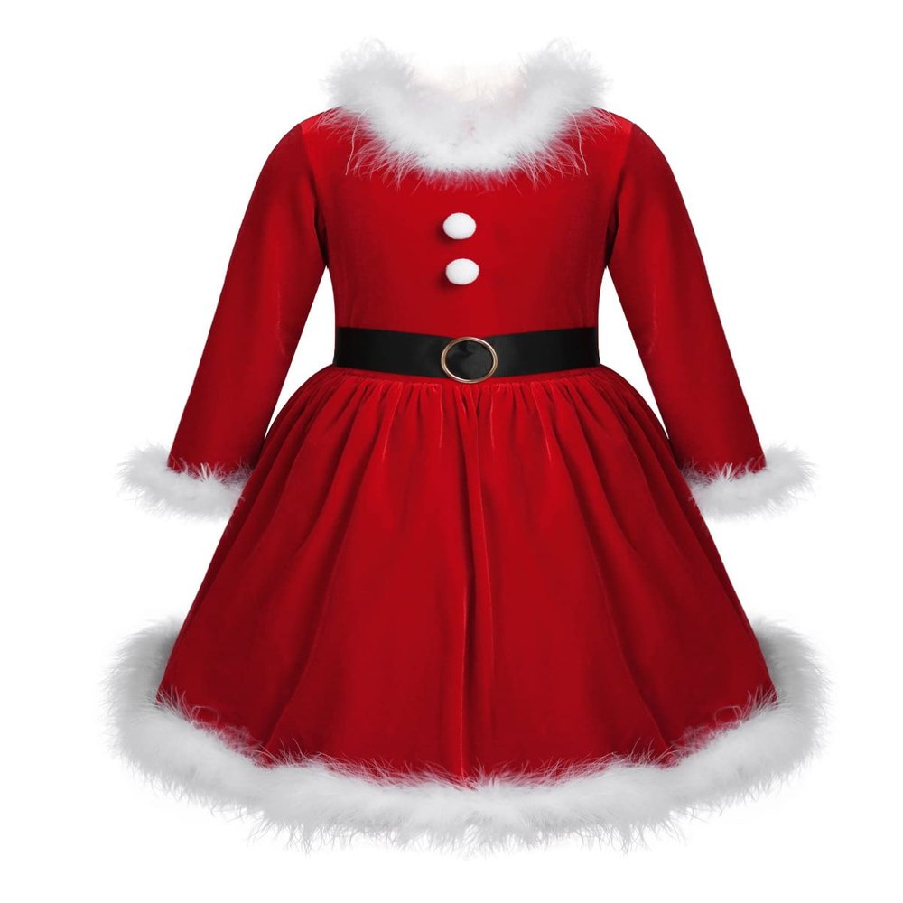Alvivi Toddler Baby Girls Little Santa Christmas Velvet Red Dress Faux Fur Decor Xmas Party Costume Red&White 12-18 Months