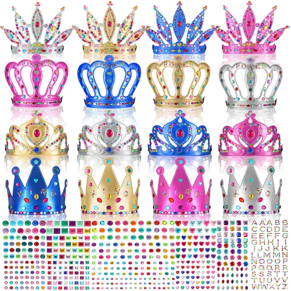 Civaner 17 Pcs Princess Party Crowns Set DIY Tiaras Making Kit for Kids with Diamond Stickers, Party Favors and Supplies(Rose Red, Silver, Blue)