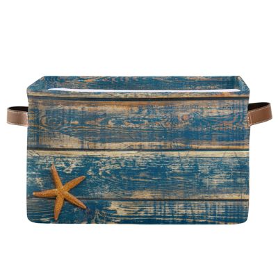 FZDXZJJ Vintage Beach Wooden Starfish Storage Basket Bins, Summer Ocean Sea Decorative Baskets Storage Box Collapsible Storage Cubes Organizer with Handles for Nursery Shelf Closet Office Home Bedroom, 1 Pack