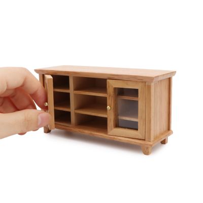 Miniature TV Cabinet Dollhouse Wooden Furniture Mini Accessories 1:12 Scale Mini Room Decoration Model Storage Cabinet Hobby Handcraft Gift (Wood Color)
