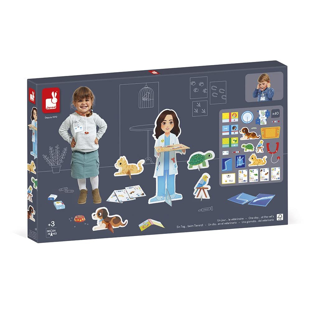 Janod - Un Jour The Veterinarian - Imitation Craft Toy - 40 Accessories Included - Large Characters 65 cm - Develops the Imagination - FSC Certified - from 3 Years, J06622