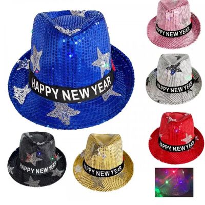Pack of 12 Happy New Years Eve Theme Party Favor Satrs Fedora Hats with LED Colorful Lights