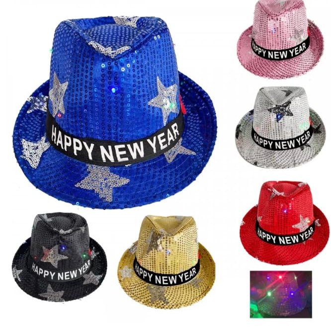Pack of 12 Happy New Years Eve Theme Party Favor Satrs Fedora Hats with LED Colorful Lights