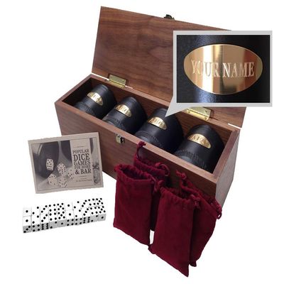 Alex Cramer Company Golden Gate (Personalized) Dice Cup Set of Four in Walnut Presentation Case Includes Twenty White Dice and a Book of Dice Games (Includes Liars Dice) (Dice Shaker Cup Set)