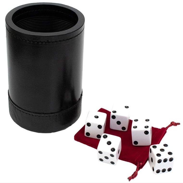 Alex Cramer Big Al Dice Shaker Cup Set - 5 White Dice, Drawstring Pouch & Book of Dice Games (Liars Dice) Included - Large Leather Dice Cup - Noiseless Liner for Quiet Shaking.