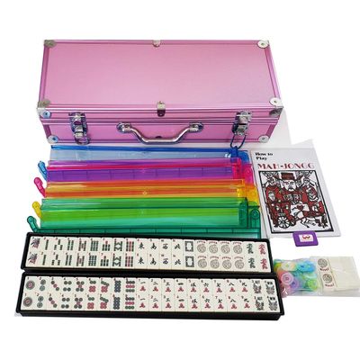 OMURA Games | Mah Jong Set in Pink Aluminum Case with Pushers | Bonus: Multi-Purpose #10 Size Pouch (Color May Vary)