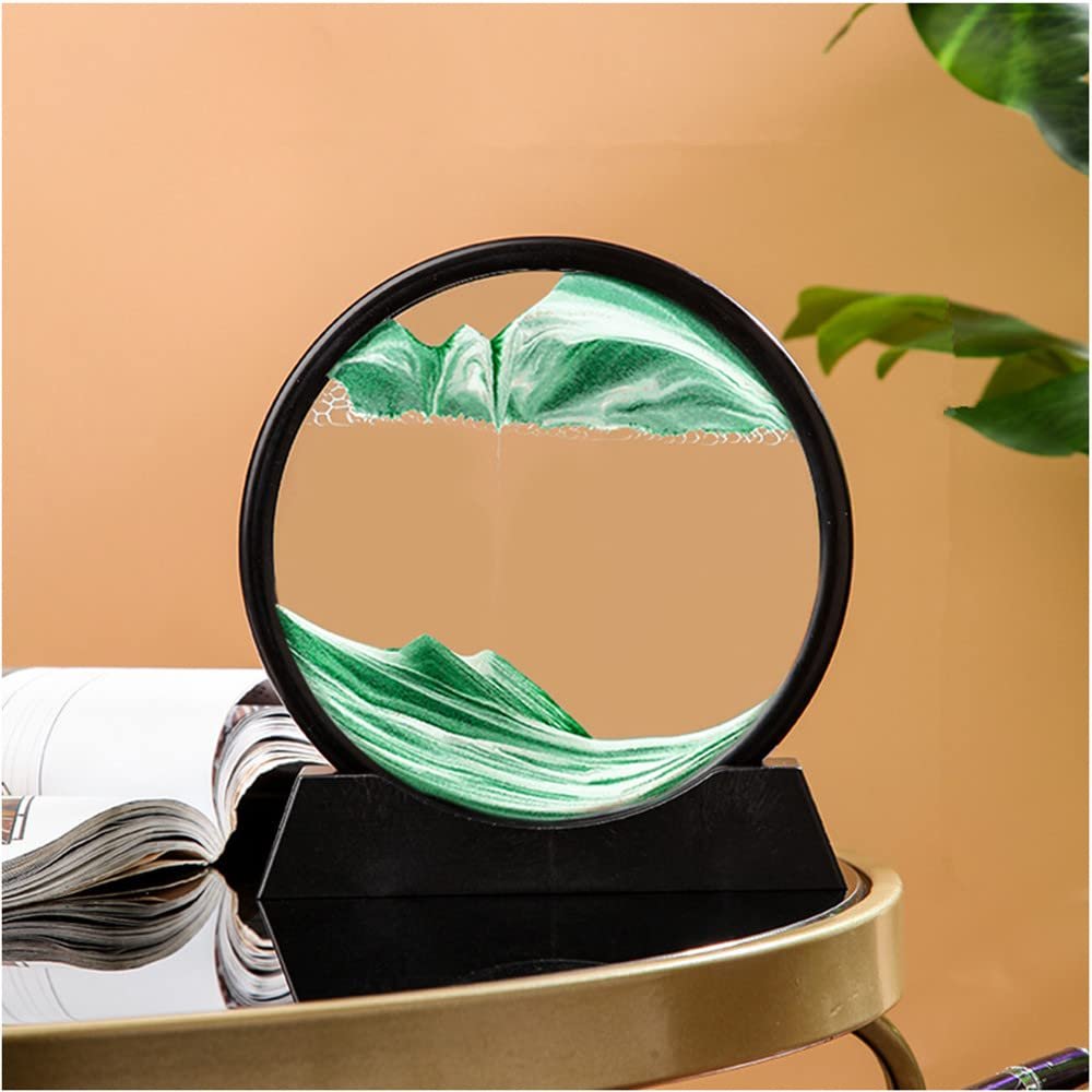 PTGMH Sand Picture Moving Sand Art Flowing Sandscape Perpetual Motion Desk Art Home Office Relaxing Decor (7 Inch) (Green)