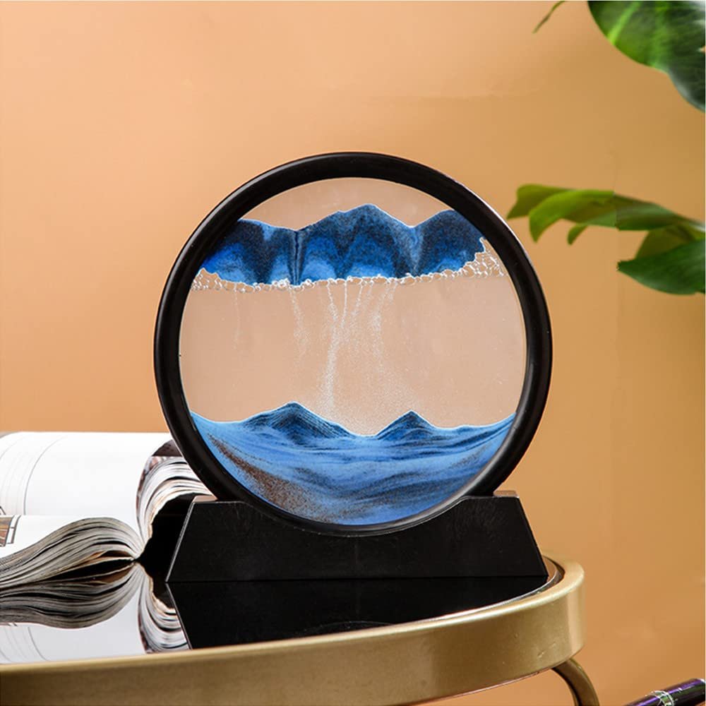 PTGMH Sand Picture Moving Sand Art Flowing Sandscape Perpetual Motion Desk Art Home Office Relaxing Decor (7 Inch) (Blue)