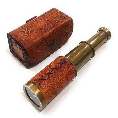 ARTIZANSTORE Brass Pirate Spyglass | Collapsible Hand Telescope with Leather Case | 6 Inch Solid Brass Telescope for & Collectors | Vintage Nautical Decor