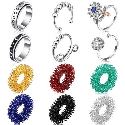 MTLEE 12 Pcs Fidget Anxiety Rings Including 6 Pcs Spiky Sensory Rings Women Men Adults Stress Anxiety Relief Fidget Toys Stainless Steel Adjustable Spinner Jewelry for Fidgeting ADHD Autism
