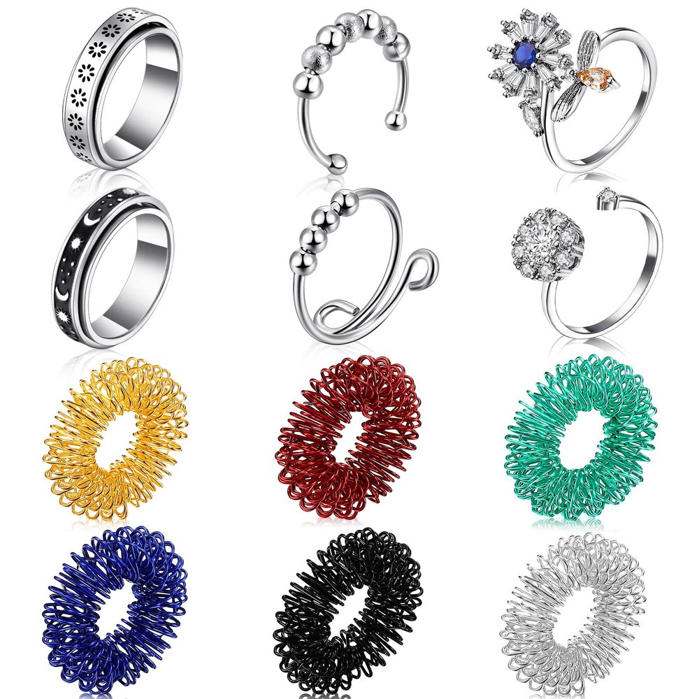 MTLEE 12 Pcs Fidget Anxiety Rings Including 6 Pcs Spiky Sensory Rings Women Men Adults Stress Anxiety Relief Fidget Toys Stainless Steel Adjustable Spinner Jewelry for Fidgeting ADHD Autism