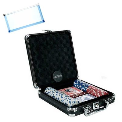 OMURA Games | Poker Set in 8 in. x 8 in. Black Aluminum Case - 100pc Set | Multi-Purpose #10 Size Pouch (Color May Vary)