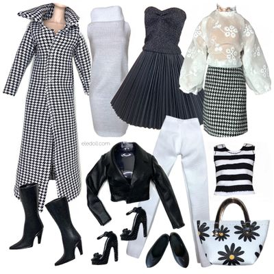 Eledoll Clothes Deluxe Fashion Pack for 12" Fashion Doll BOSS Lady Black & White Houndstooth Set