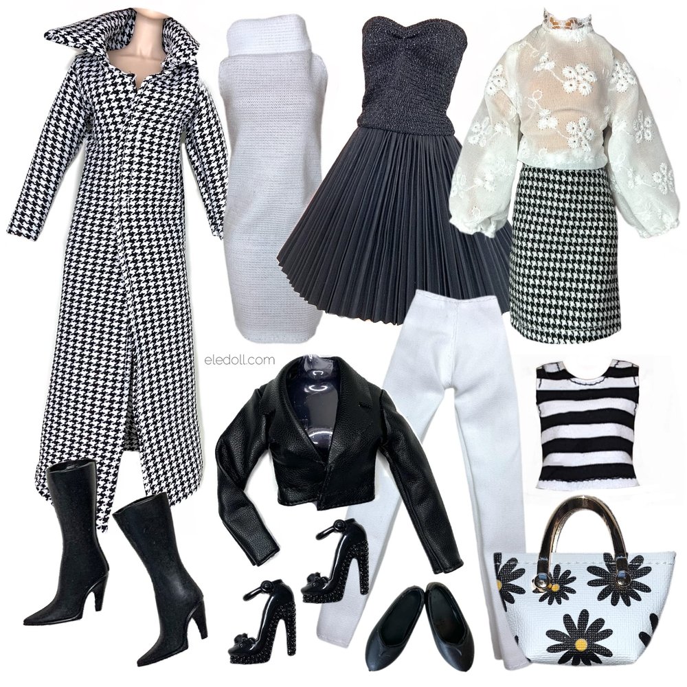 Eledoll Clothes Deluxe Fashion Pack for 12" Fashion Doll BOSS Lady Black & White Houndstooth Set