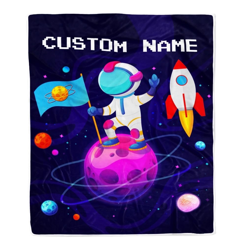 CenturyTee Personalized Baby Blanket Boy with Name Custom Astronaut Outer Space Rocket Ship Newborn Kids Son Grandson Nephew Birthday Christmas Customized Fleece Blanket (60 x 80 in Adult Size)