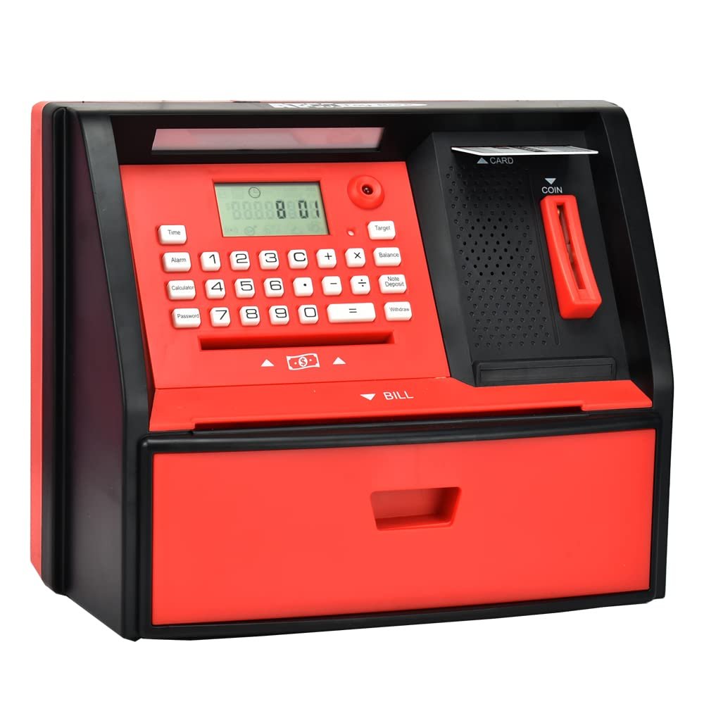 Talking ATM Savings Bank, Digital Piggy Bank, ATM Money Coins Machine for Kids Birthday Gift (Red/Black)