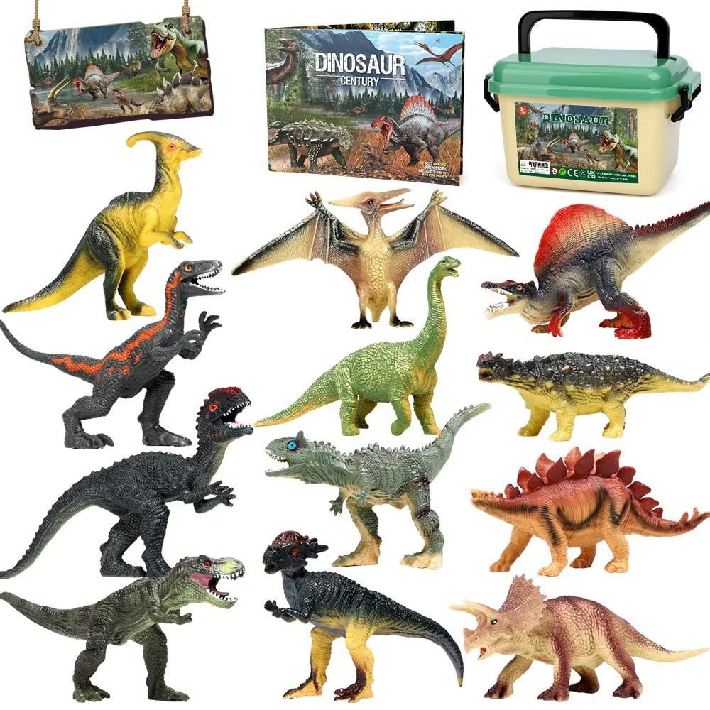 FRUSE Jurassic Dinosaur Toys,12 PCS Realistic Dino Figurines,Educational Dino Figure Playset with Information Dino Book,Dinosaur Toys for Kids 3-5