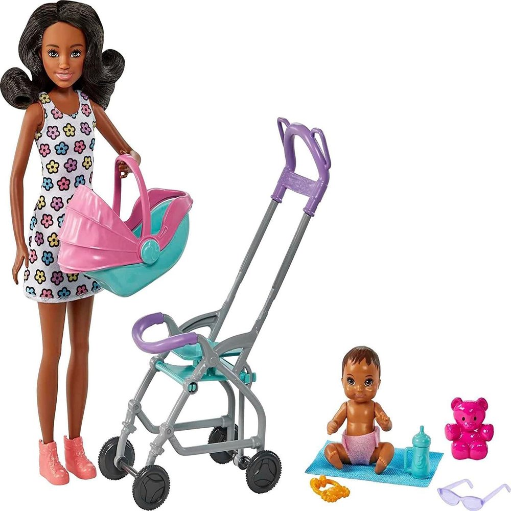 Barbie Skipper Babysitters, Inc. Playset with Babysitter Doll (Curly Brunette Hair), Stroller, Baby Doll & 5 Accessories, Toy for 3 Year Olds & Up