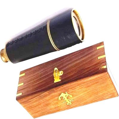 Vimal Nautical Black Golden Antique Brass Leather Spyglass Telescope 27" w/ Rosewood Box