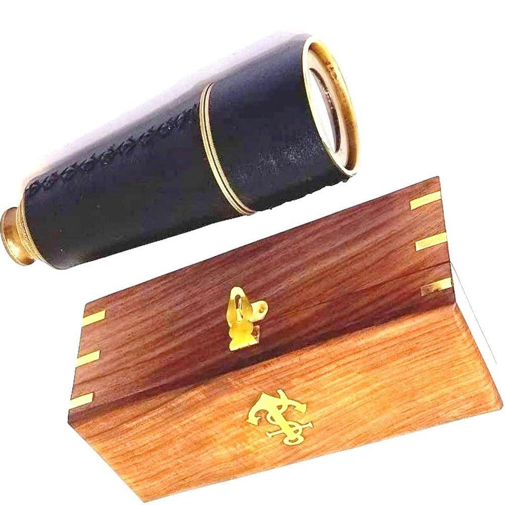 Vimal Nautical Black Golden Antique Brass Leather Spyglass Telescope 27" w/ Rosewood Box