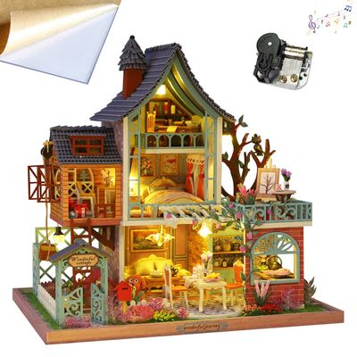 WonDerfulC Mini House with LED DIY Dollhouse Kit Creative Room Miniature Jungle Loft House Toy Puzzle Christmas Assembled Doll House for Women