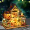 WonDerfulC Mini House with LED DIY Dollhouse Kit Creative Room Miniature Jungle Loft House Toy Puzzle Christmas Assembled Doll House for Women view 3