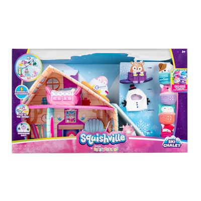 Squishville by Original Squishmallows Ski Chalet - Includes Four 2-Inch Skis, Snowboard, Snowman, Chair, Bed, and Playscene with Ski Slope - Amazon Exclusive