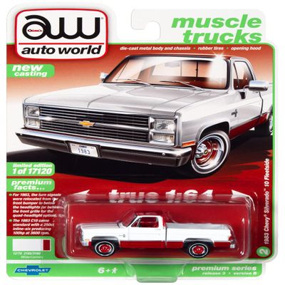 1983 Chevy Silverado 10 Fleetside Pickup Truck White & Carmine Red w/Red Interior Ltd Ed 17120 pcs 1/64 Diecast Model Car by Autoworld 64322-AWSP074 B, unisex