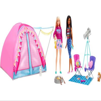 Barbie Dolls & 20 Accessories, It Takes Two Camping Tent Playset with Brooklyn & Malibu, Plus 2 Moving Animals (Amazon Exclusive)