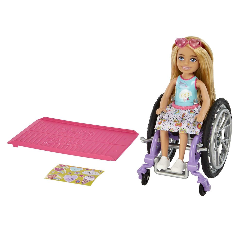 Barbie Chelsea Doll & Wheelchair with Moving Wheels, Ramp, Sticker Sheet & Accessories, Small Doll with Blonde Hair