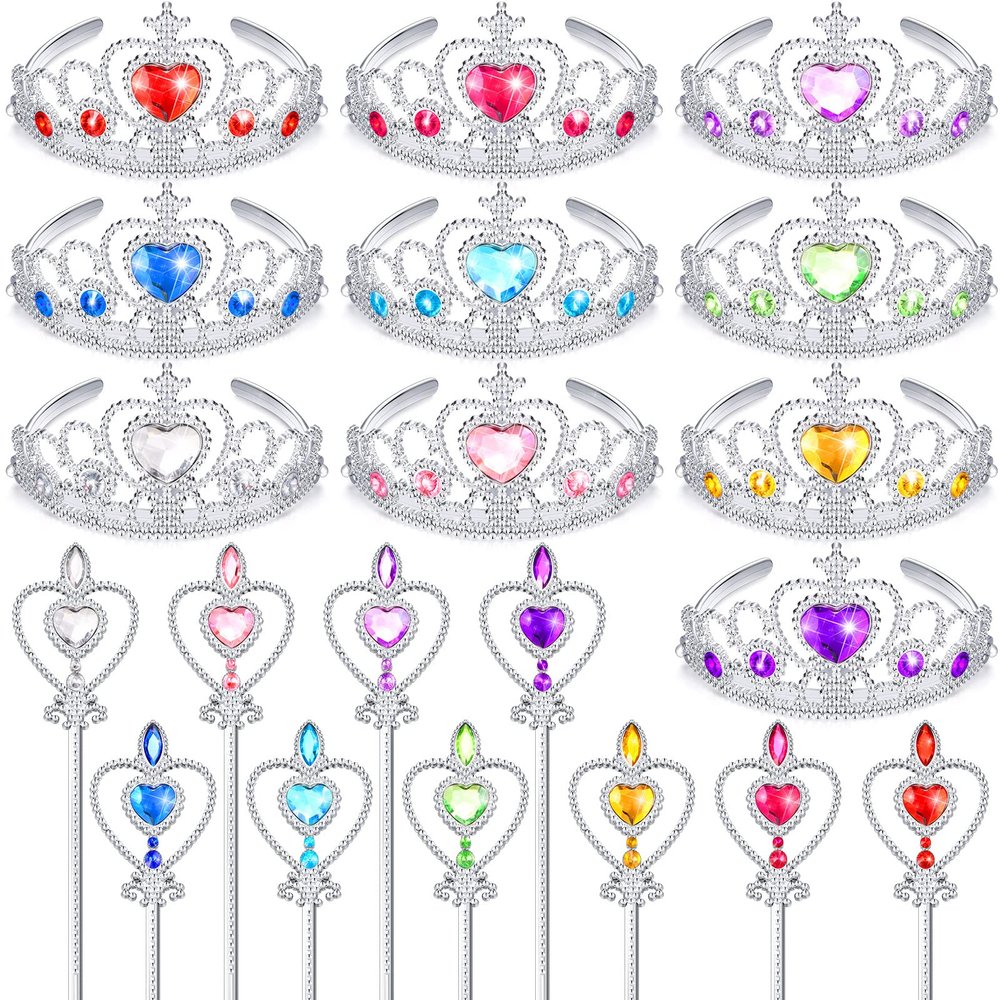 Civaner 20 Pcs Princess Dress up Accessories Tiaras Crown Set with Princess Crowns and Wands for Little Girls Kids Play Jewelry