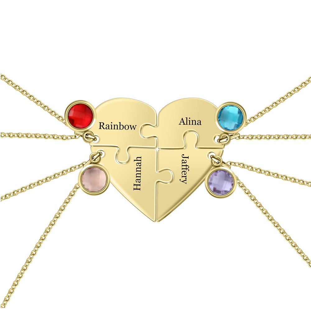 MissNaNa 19.7" BFF Necklace Personalized Stitching Necklace with Birthstone 2/3/4/5/6 Pcs Customized Heart Puzzle Necklace for Family BFF Friendship Pendants (Set of 4)