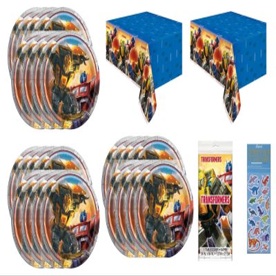 Transformers Party Supplies Bundle Pack includes 24 Dessert Paper Plates, 2 Plastic Table Covers, 1 Dinosaur Sticker Sheet