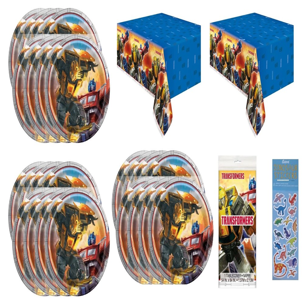 Transformers Party Supplies Bundle Pack includes 24 Dessert Paper Plates, 2 Plastic Table Covers, 1 Dinosaur Sticker Sheet
