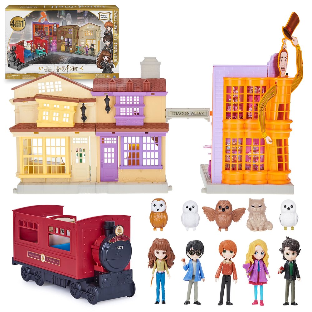 Wizarding World Harry Potter, Amazon Exclusive Deluxe Diagon Alley & Hogwarts Express, 4 Playsets in 1 with Lights & Sounds, 5 Figures, 33 Accessories